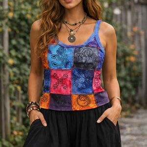 Kathmandu Patchwork Tie-Dye Handmade Painted Cotton Tank Top